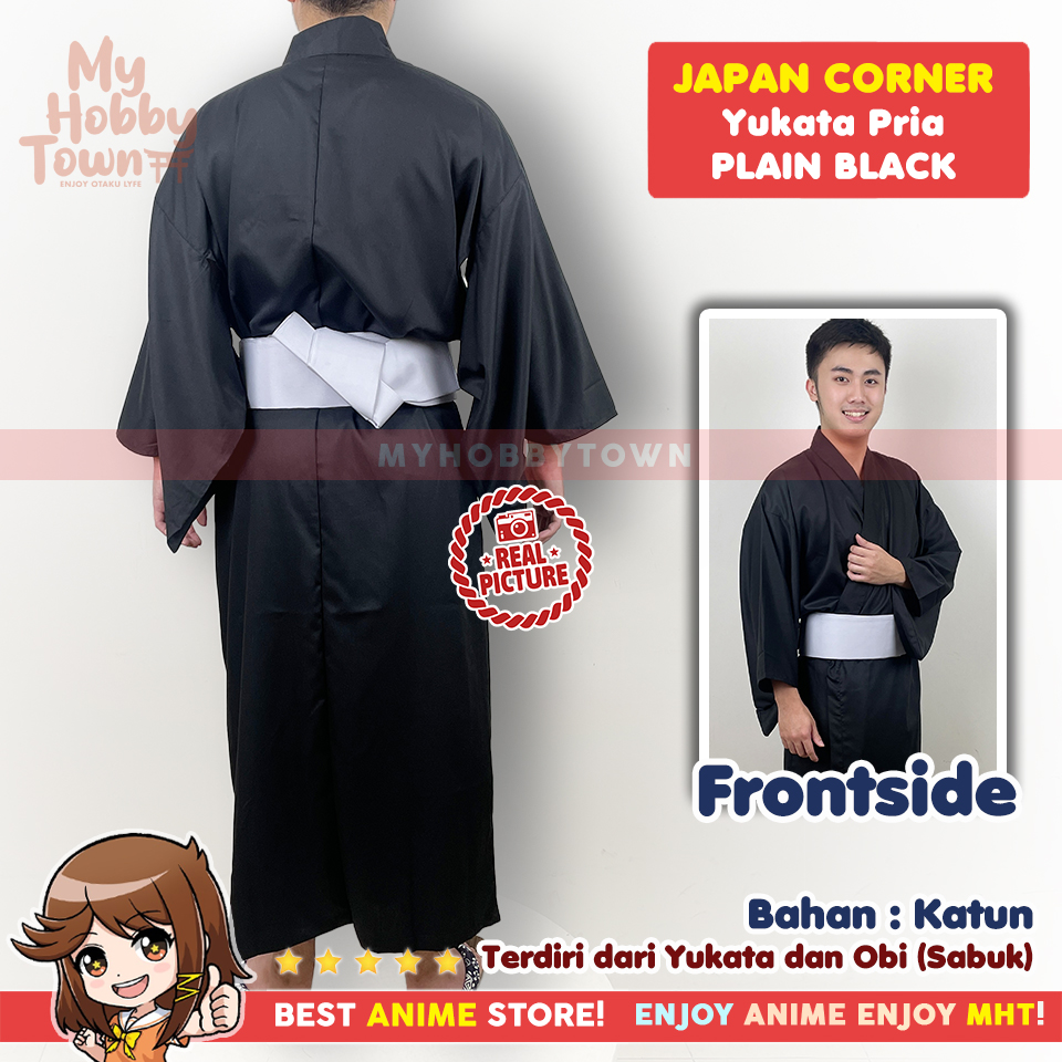 Yukata Kimono Pria : Plain Navy Blue Black Gray Belt Biru Abu Baju Jepang - Gambar 4