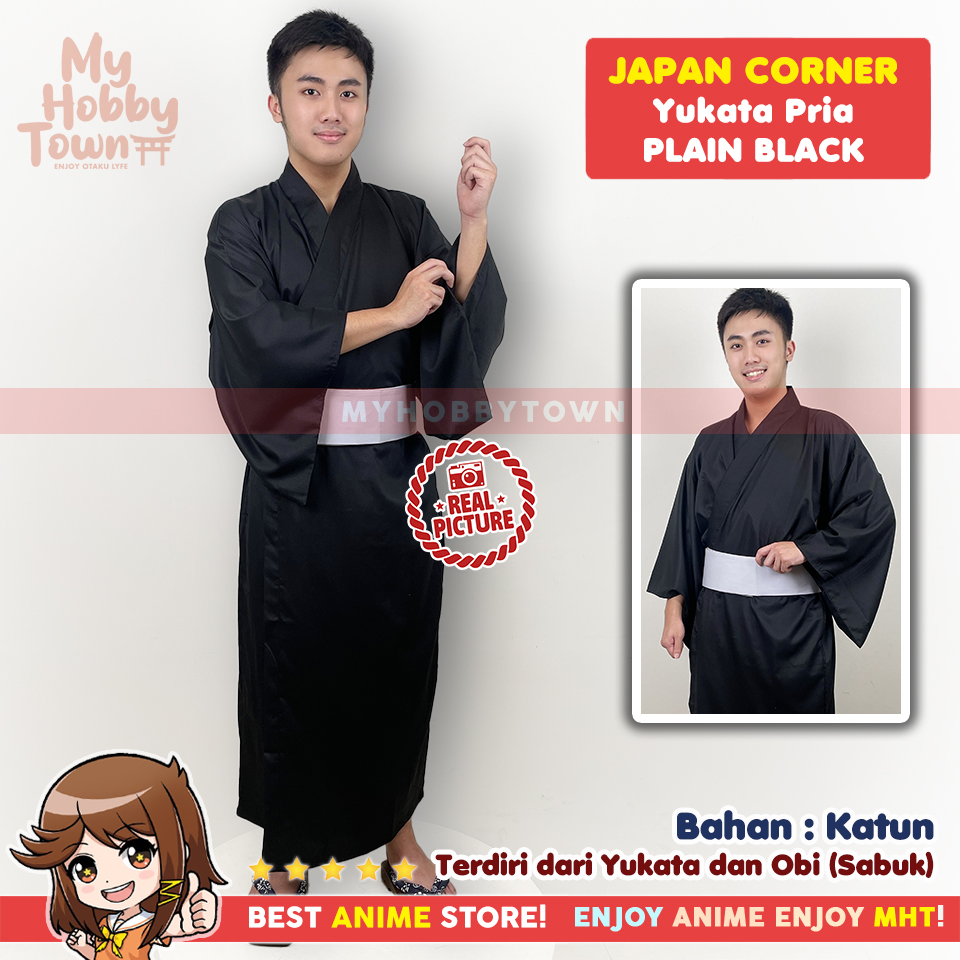 Yukata Kimono Pria : Plain Navy Blue Black Gray Belt Biru Abu Baju Jepang - Gambar 3