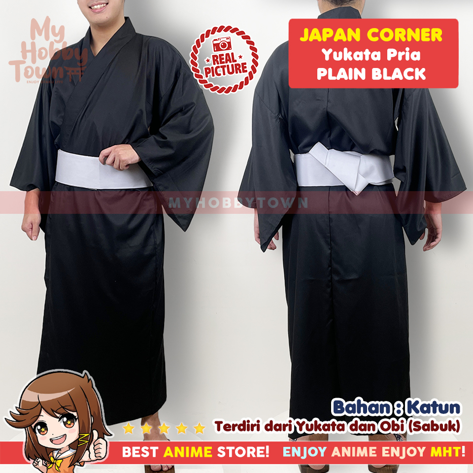 Yukata Kimono Pria : Plain Navy Blue Black Gray Belt Biru Abu Baju Jepang - Gambar 2