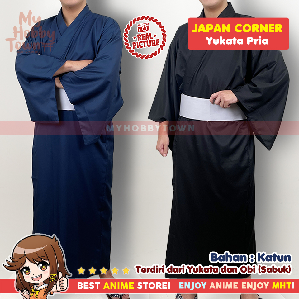 Yukata Kimono Pria : Plain Navy Blue Black Gray Belt Biru Abu Baju Jepang