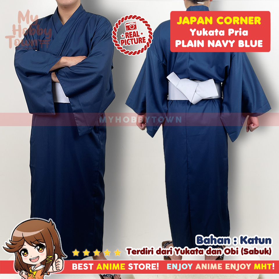 Yukata Kimono Pria : Plain Navy Blue Black Gray Belt Biru Abu Baju Jepang - Gambar 5