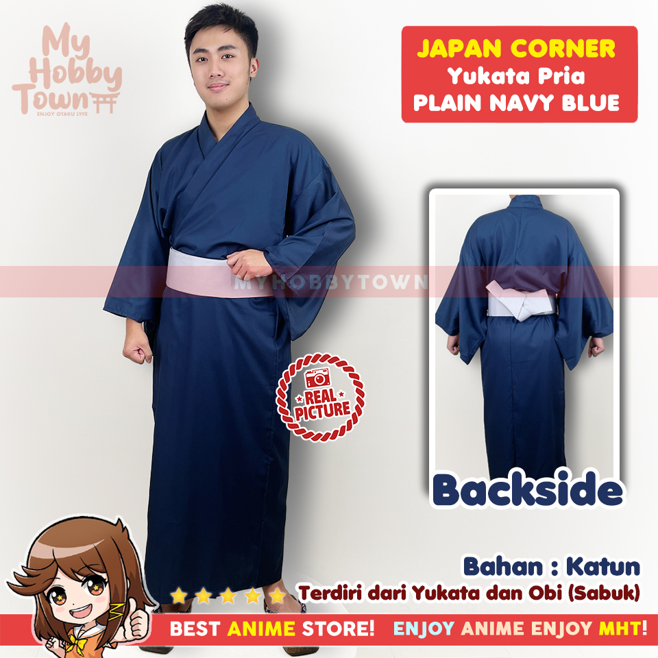 Yukata Kimono Pria : Plain Navy Blue Black Gray Belt Biru Abu Baju Jepang - Gambar 6