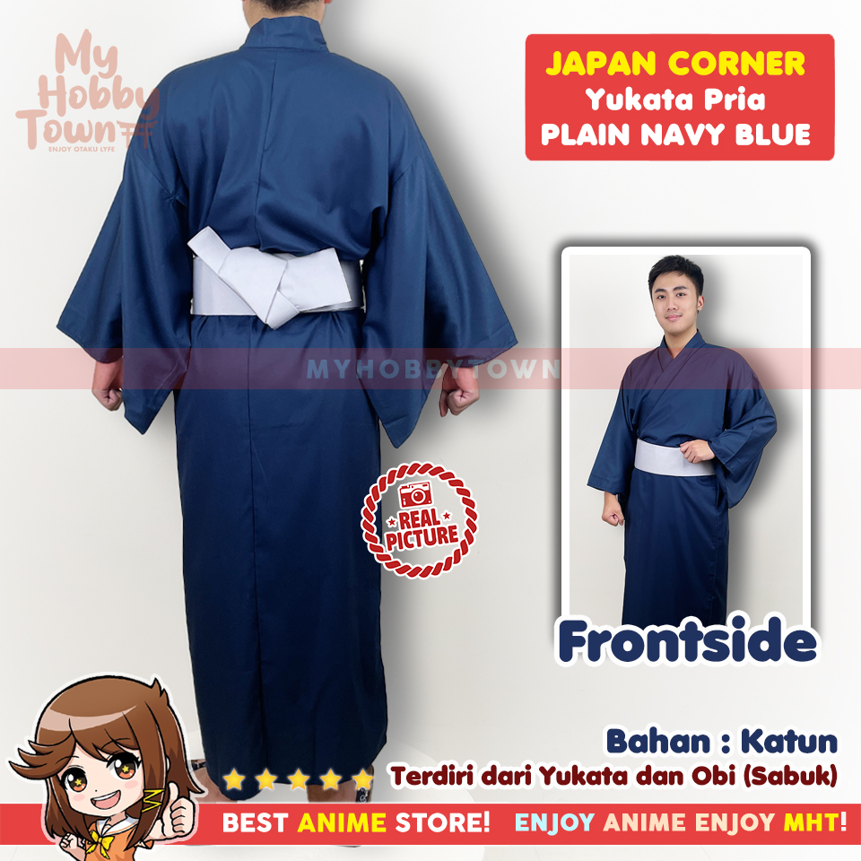 Yukata Kimono Pria : Plain Navy Blue Black Gray Belt Biru Abu Baju Jepang - Gambar 7