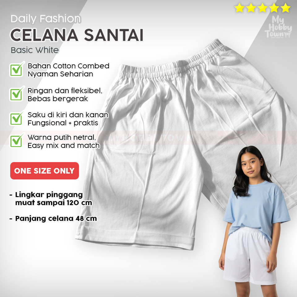 Celana Santai Basic White Comfy – Celana Pendek Katun Harian & Cosplay Platelet - Gambar 3