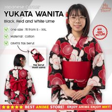 Yukata Wanita Tradisional Jepang Black Red and White Ume – Kimono Kasual Katun Free Tas Serut Matching