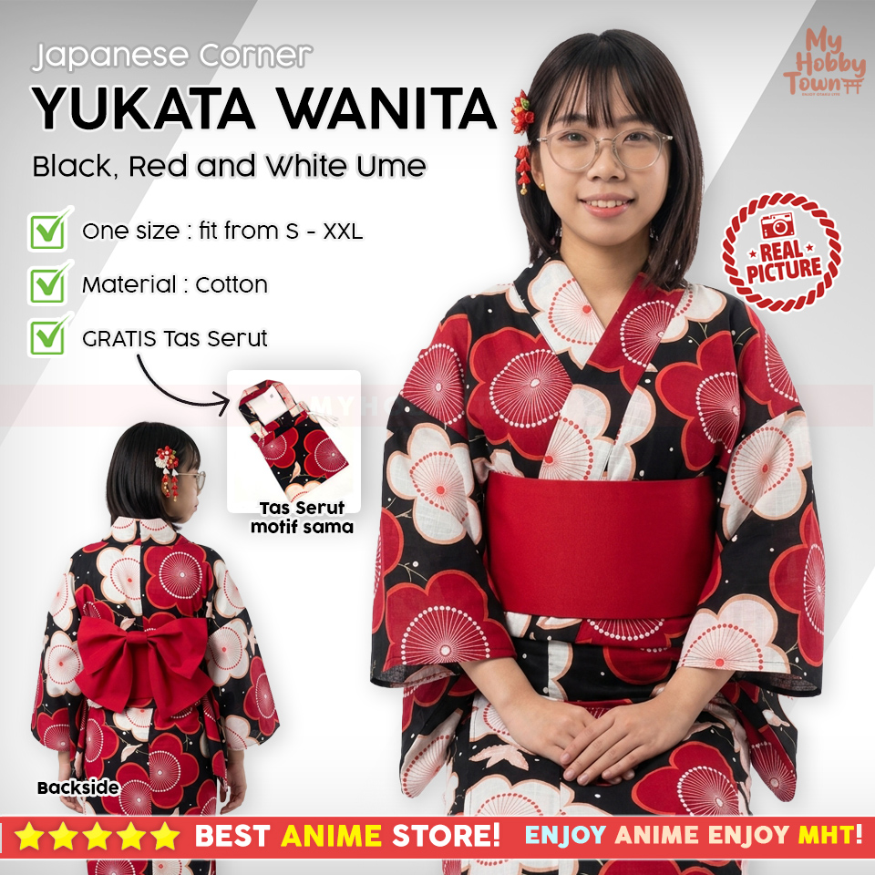 Yukata Wanita Tradisional Jepang Black Red and White Ume – Kimono Kasual Katun Free Tas Serut Matching