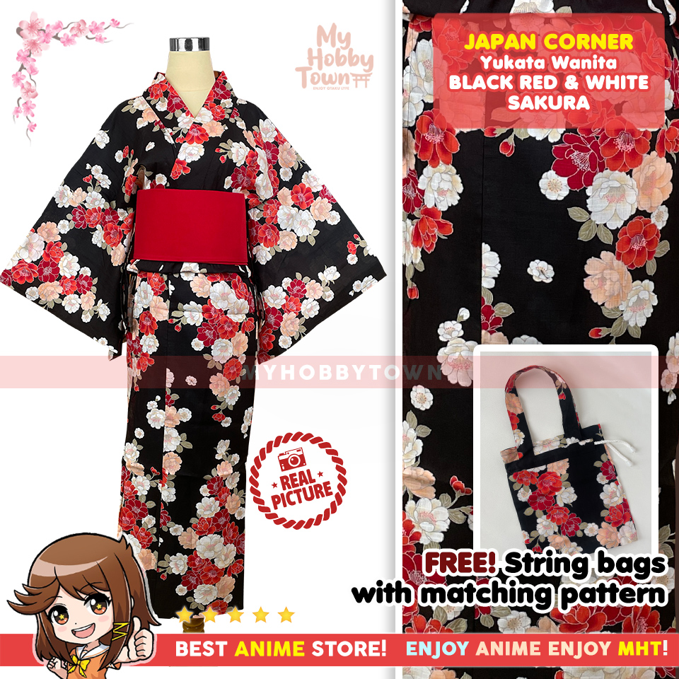 Yukata Kimono Wanita : Black Red & White Sakura
