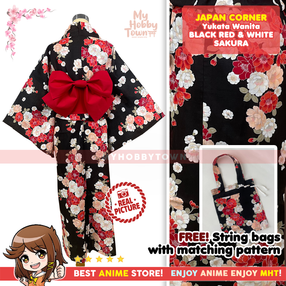 Yukata Kimono Wanita : Black Red & White Sakura - Gambar 2
