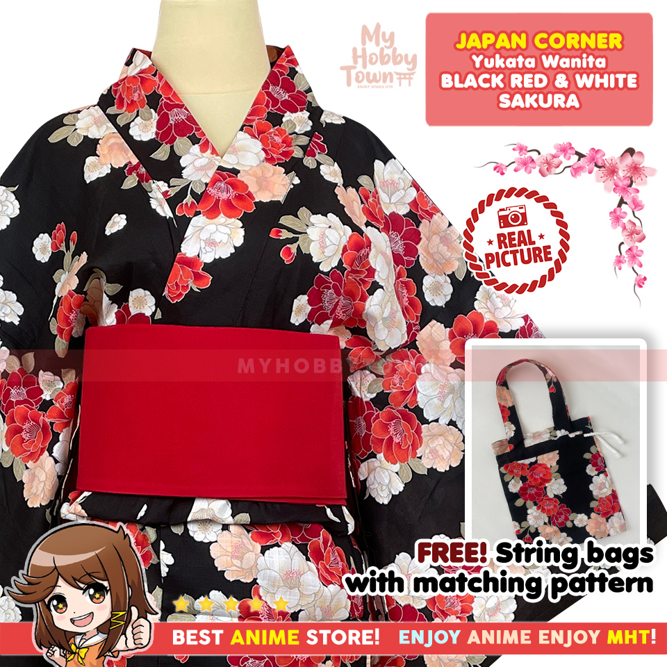 Yukata Kimono Wanita : Black Red & White Sakura - Gambar 3