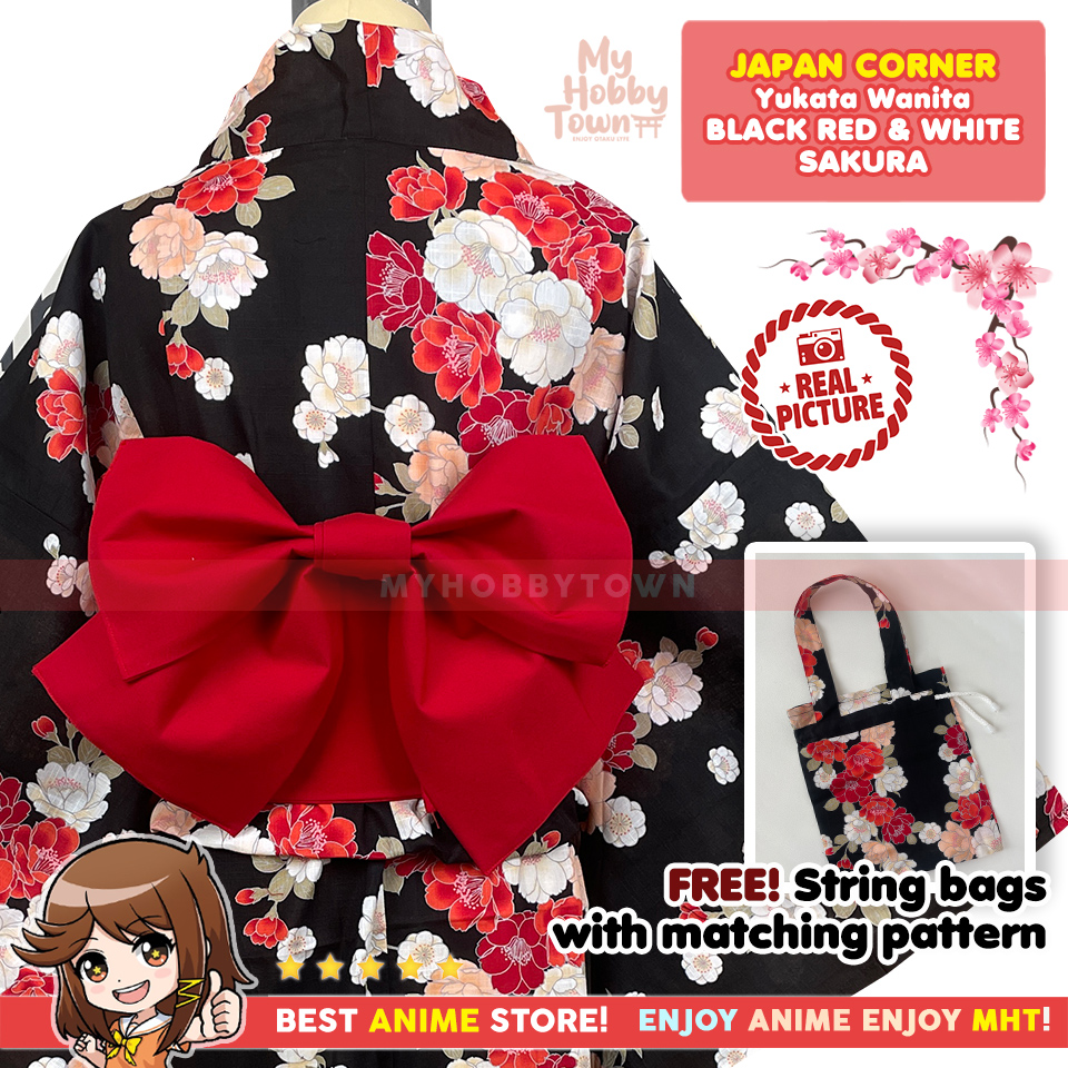 Yukata Kimono Wanita : Black Red & White Sakura - Gambar 4