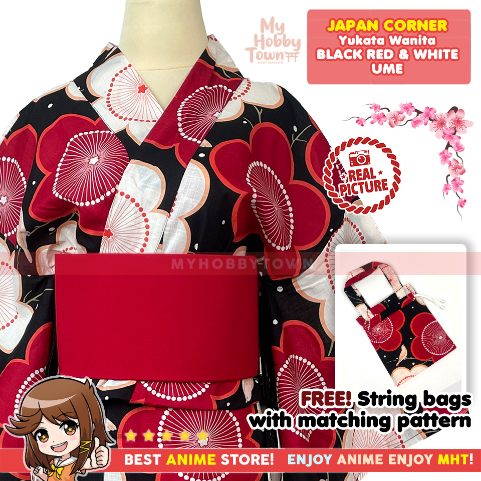 Yukata Wanita Tradisional Jepang Black Red and White Ume – Kimono Kasual Katun Free Tas Serut Matching - Gambar 2