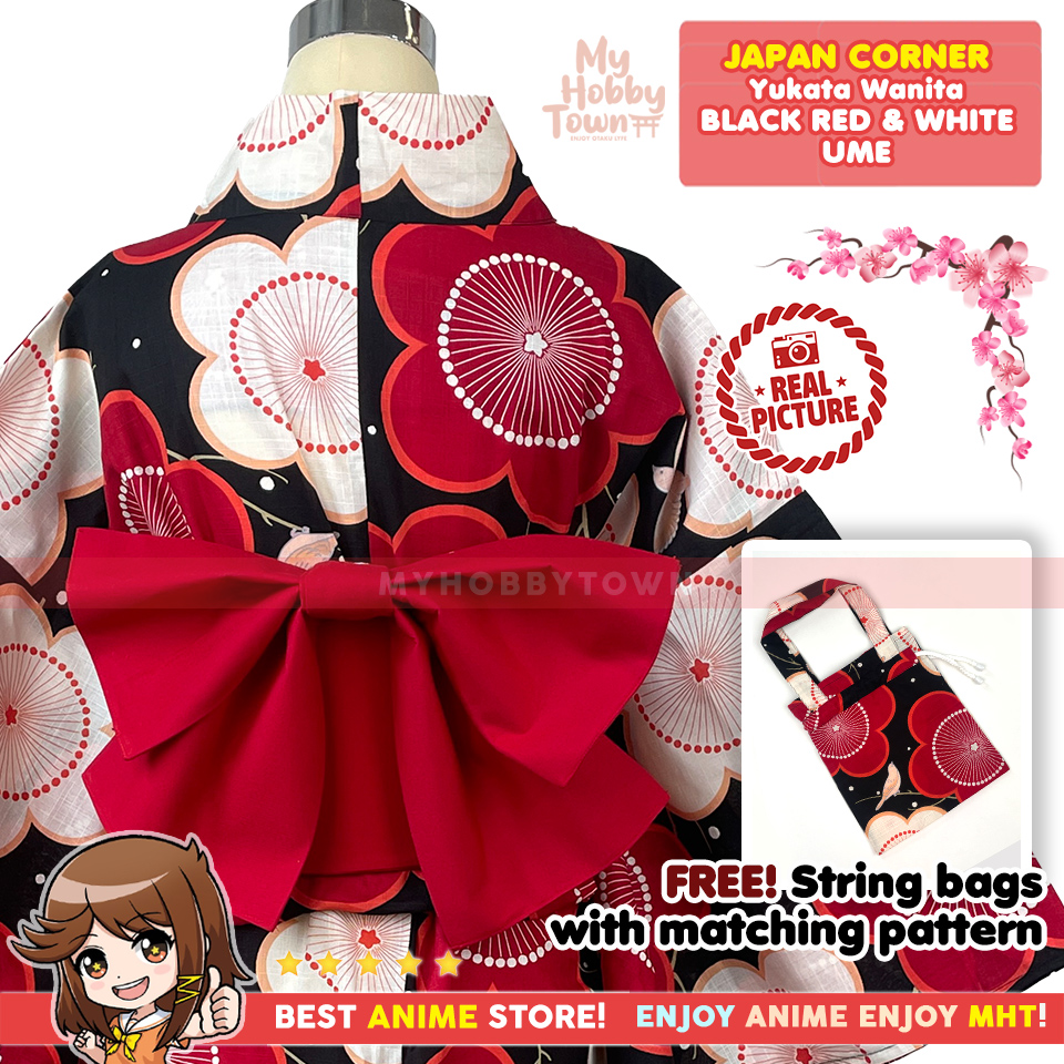 Yukata Wanita Tradisional Jepang Black Red and White Ume – Kimono Kasual Katun Free Tas Serut Matching - Gambar 3