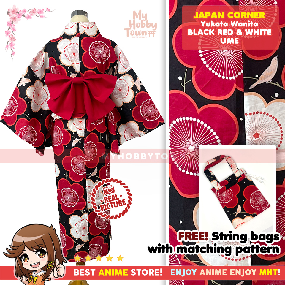 Yukata Wanita Tradisional Jepang Black Red and White Ume – Kimono Kasual Katun Free Tas Serut Matching - Gambar 4