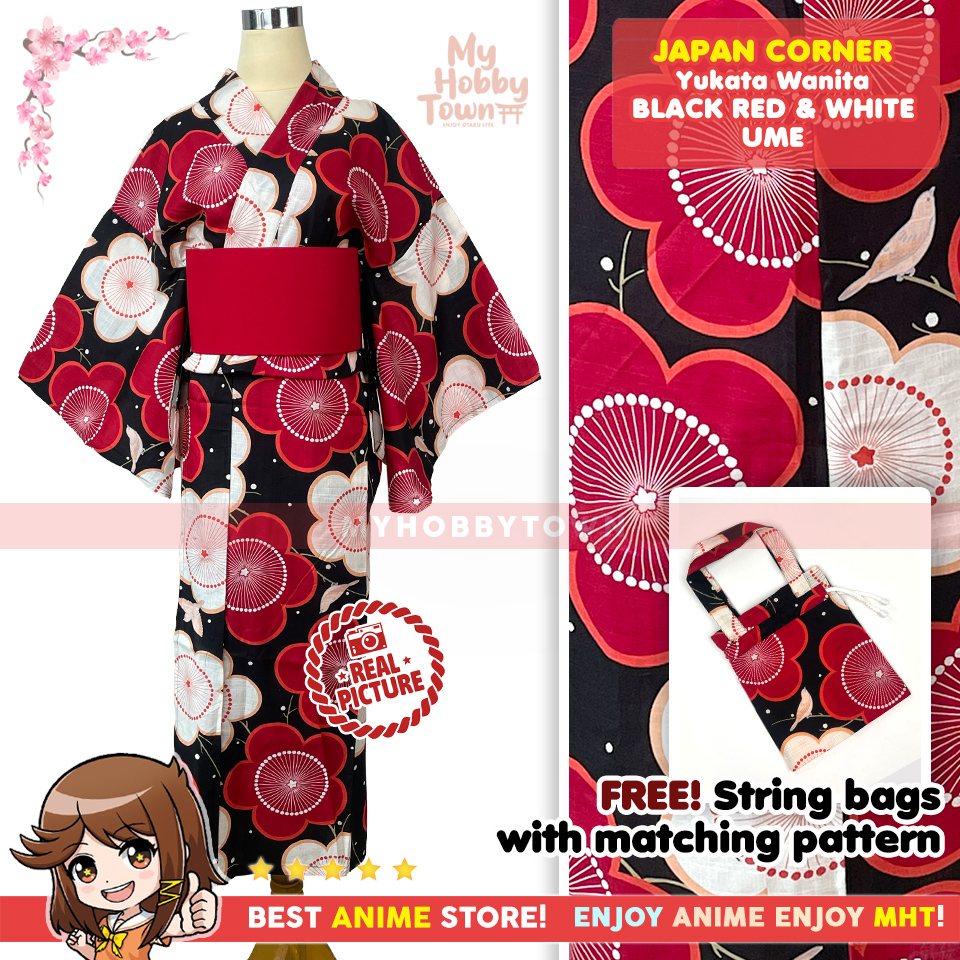 Yukata Wanita Tradisional Jepang Black Red and White Ume – Kimono Kasual Katun Free Tas Serut Matching - Gambar 5